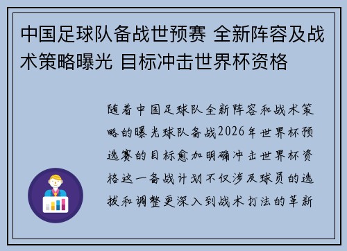 中国足球队备战世预赛 全新阵容及战术策略曝光 目标冲击世界杯资格