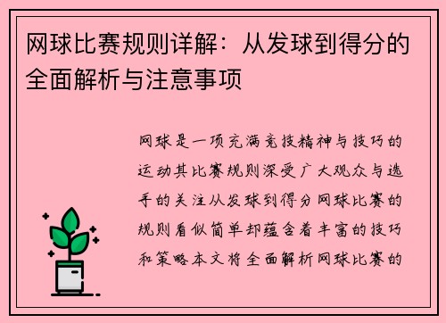 网球比赛规则详解：从发球到得分的全面解析与注意事项
